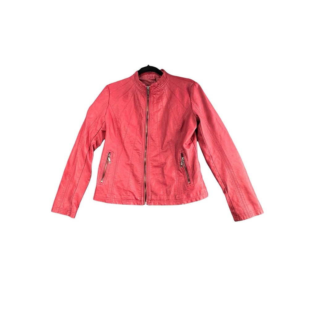 Lock & Love Womens M Red Faux Leather Moto Jacket Zip Pockets Biker Vegan
